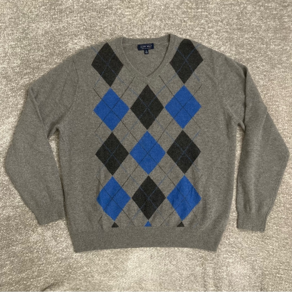 Allen Solly XL Argyle Cashmere Sweater Gray Blue 100% 2-Ply‎ V-Neck Classic